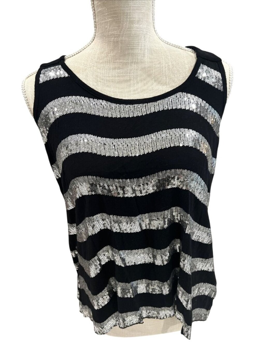 Forever21 Sequined Black & Silver Striped Tank Top M